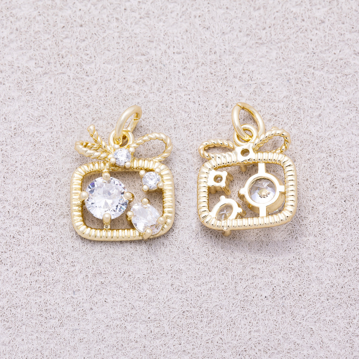 16K Gold Plated Clear CZ Ribbed Gift Box Ribbon Bow Charm - Sold Each