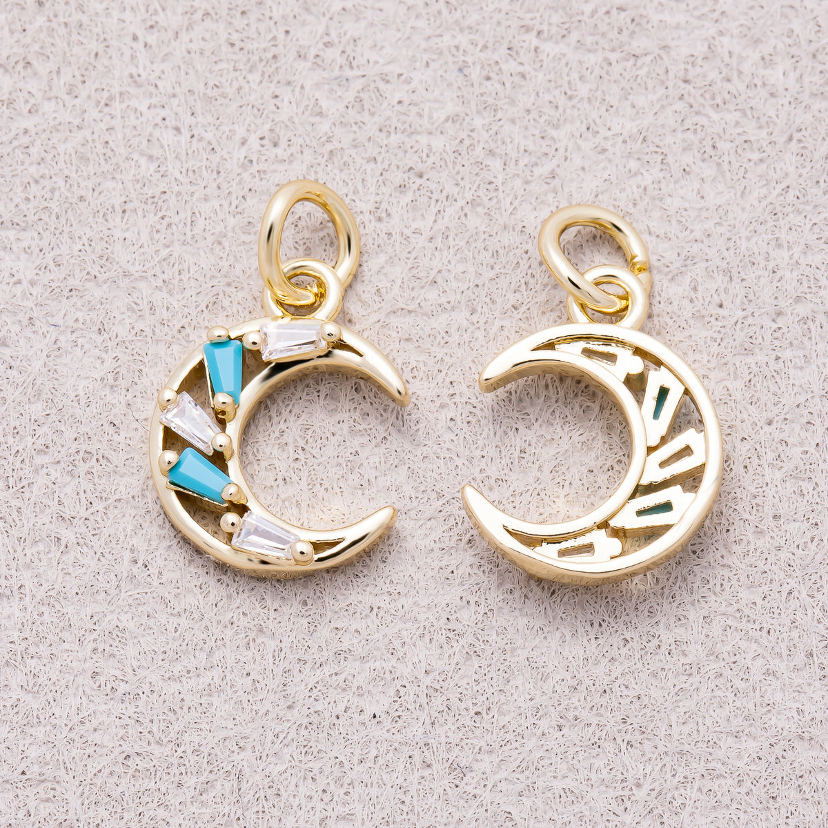 16K Gold Plated Turquoise & Clear CZ Celestial Crescent Moon Charm - Sold Each