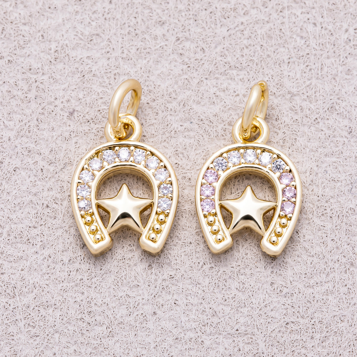 16K Gold Plated Micro Paved CZ Plain Star Lucky Horseshoe Charm - Sold Each