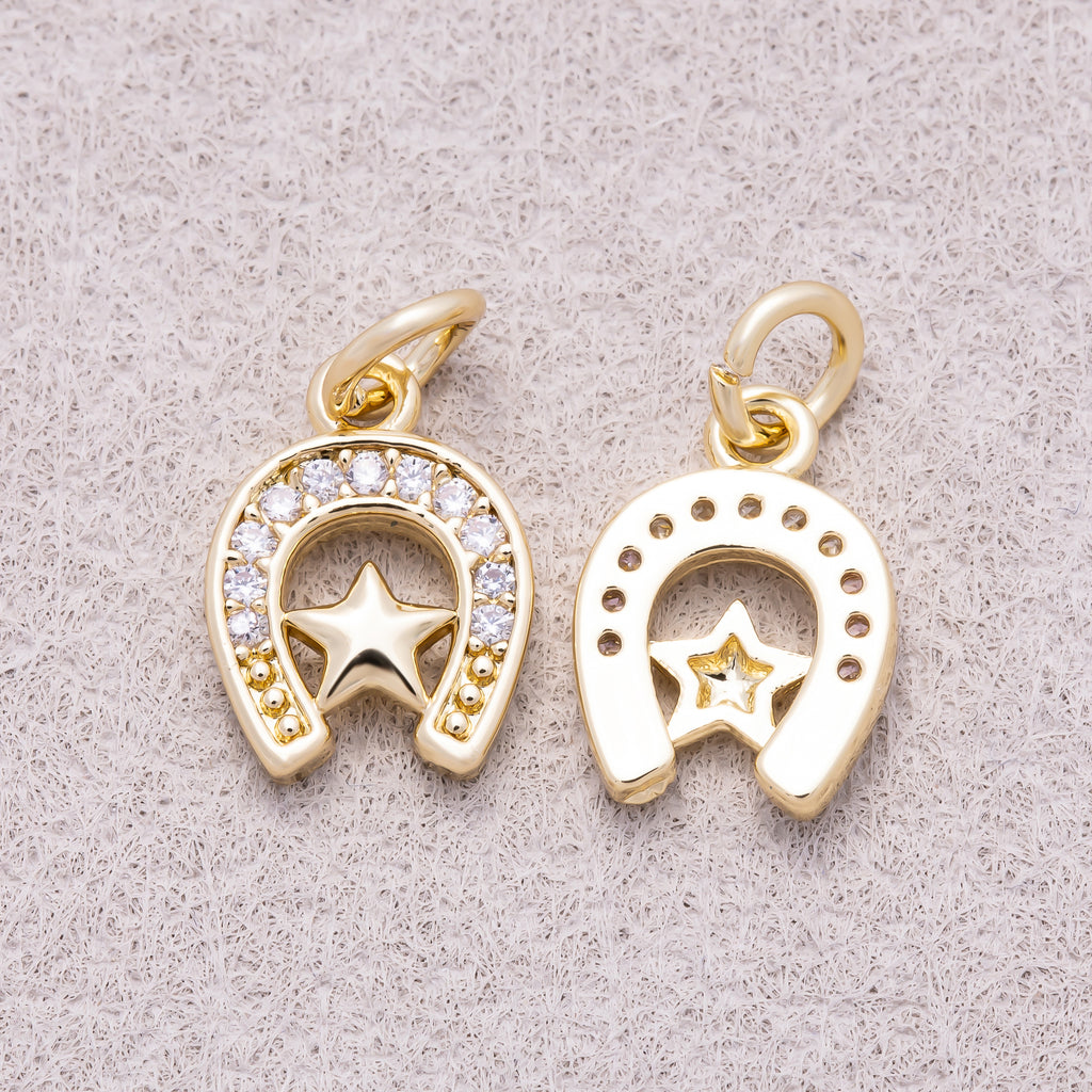 16K Gold Plated Micro Paved CZ Plain Star Lucky Horseshoe Charm - Sold Each