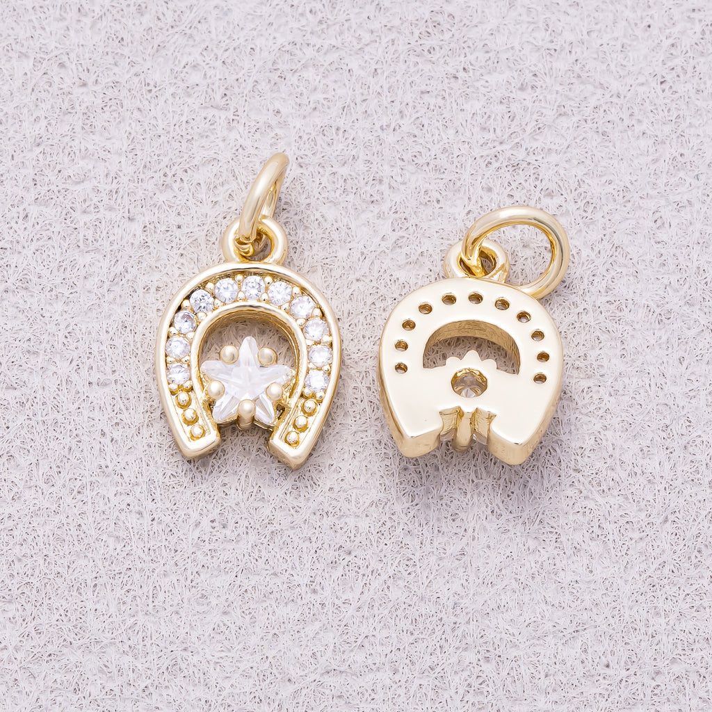 16K Gold Plated Clear Star CZ Lucky Horseshoe Charm - Sold Each