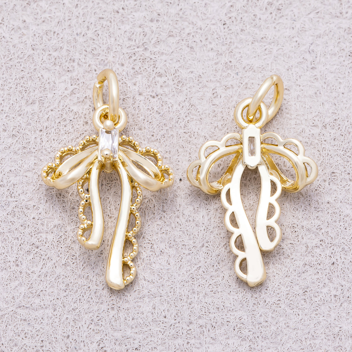 16K Gold Plated Baguette CZ Vintage Coquette Draped Ribbon Charm - Sold Each