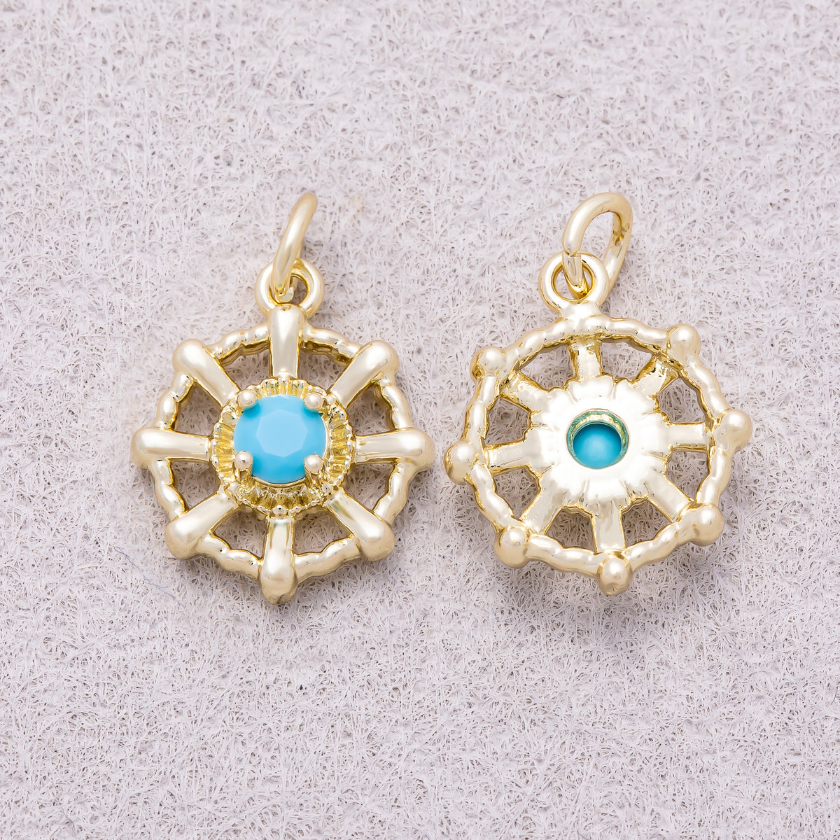 16K Gold Plated Turquoise CZ Nautical Ship Wheel Compass Charm - Sold Each