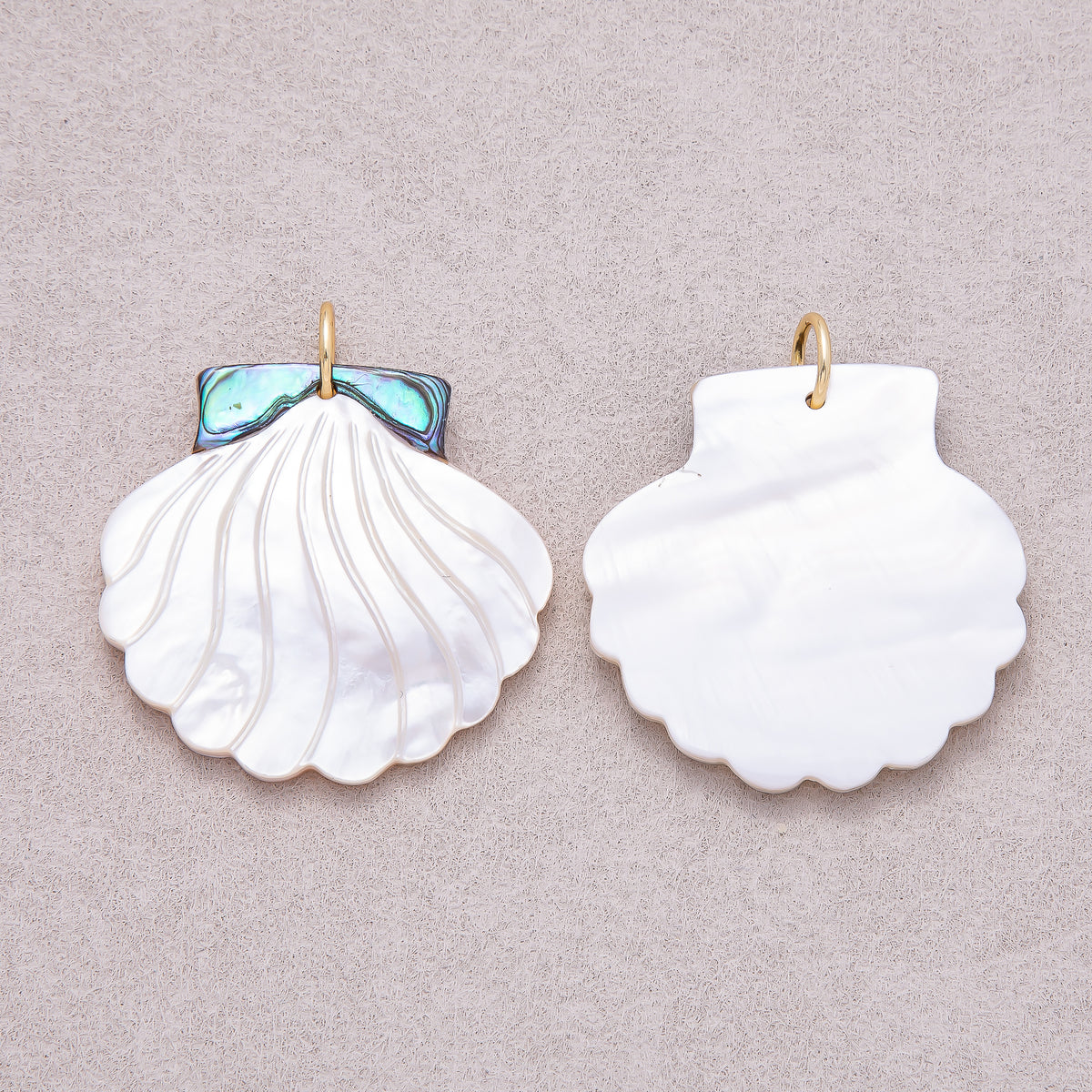 16K Gold Plated Carved White Mother of Pearl & Abalone Shell Scallop Charm - Sold Each