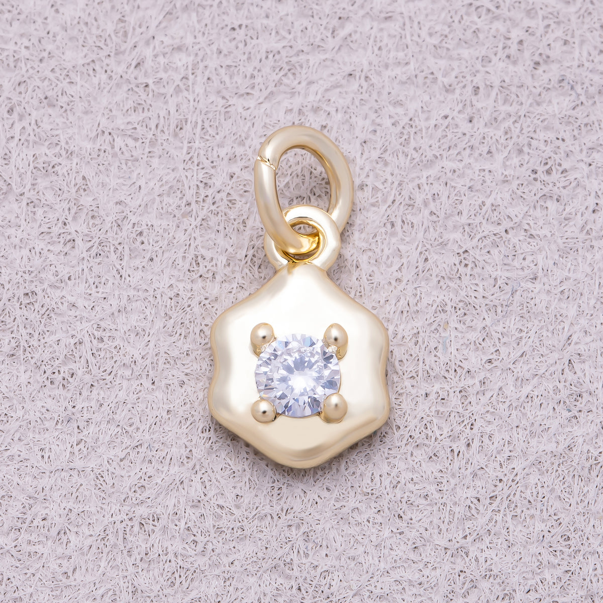16K Gold Plated Scalloped Hexagon Solitaire Round CZ Charm - Sold Each