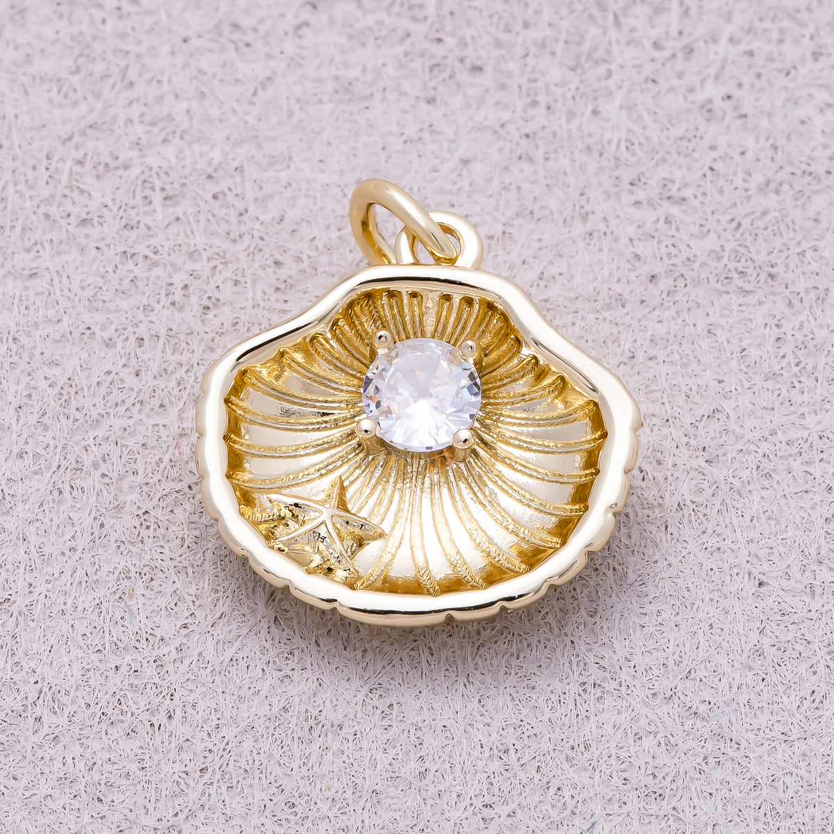 16K Gold Plated Round CZ Nautical Seashell Ocean Charm - Sold Each