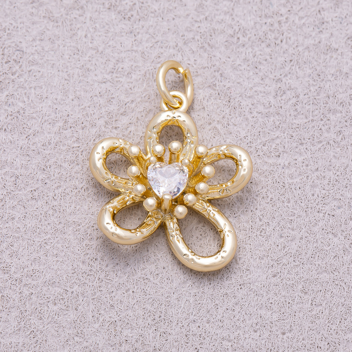 16K Gold Plated Heart CZ Textured Openwork Flower Charm - Sold Each