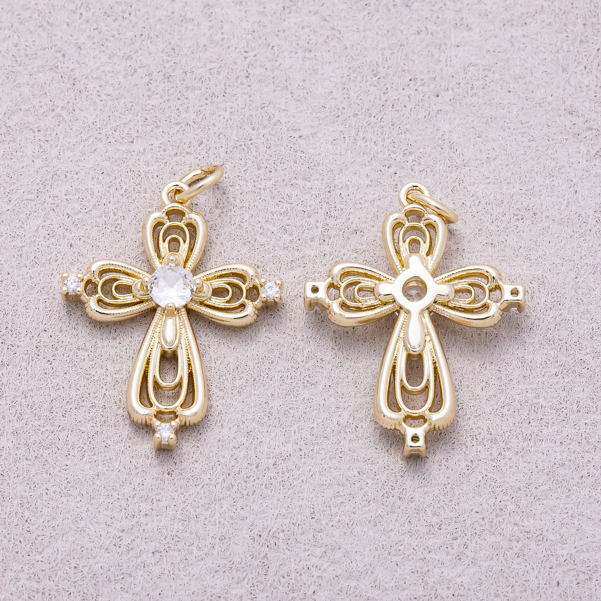 16K Gold Plated Clear Solitaire CZ Vintage Victorian Filigree Cross Charm - Sold Each