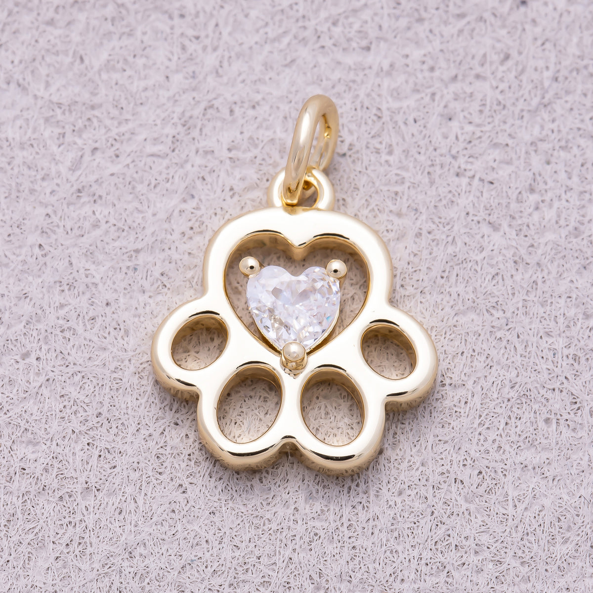 16K Gold Plated Heart CZ Filigree Paw Print Charm - Sold Each