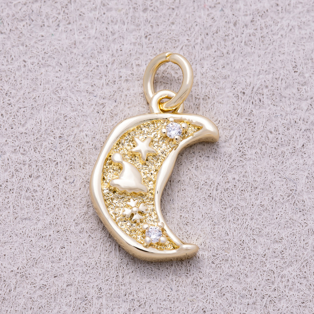 16K Gold Plated Clear CZ Textured Celestial Crescent Moon Charm - Sold Each
