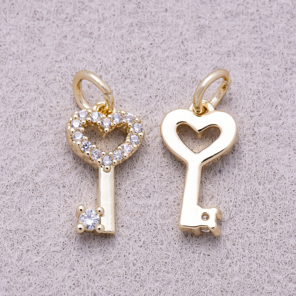16K Gold Plated Micro Paved CZ Heart Bow Key Charm - Sold Each