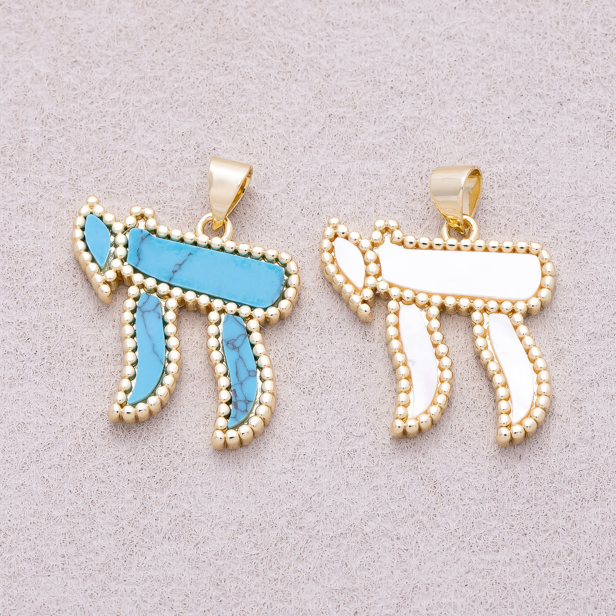16K Gold Plated Turquoise, White Quartz Natural Gemstone Beaded Edge Chai Symbol Religious Pendant - Sold Each