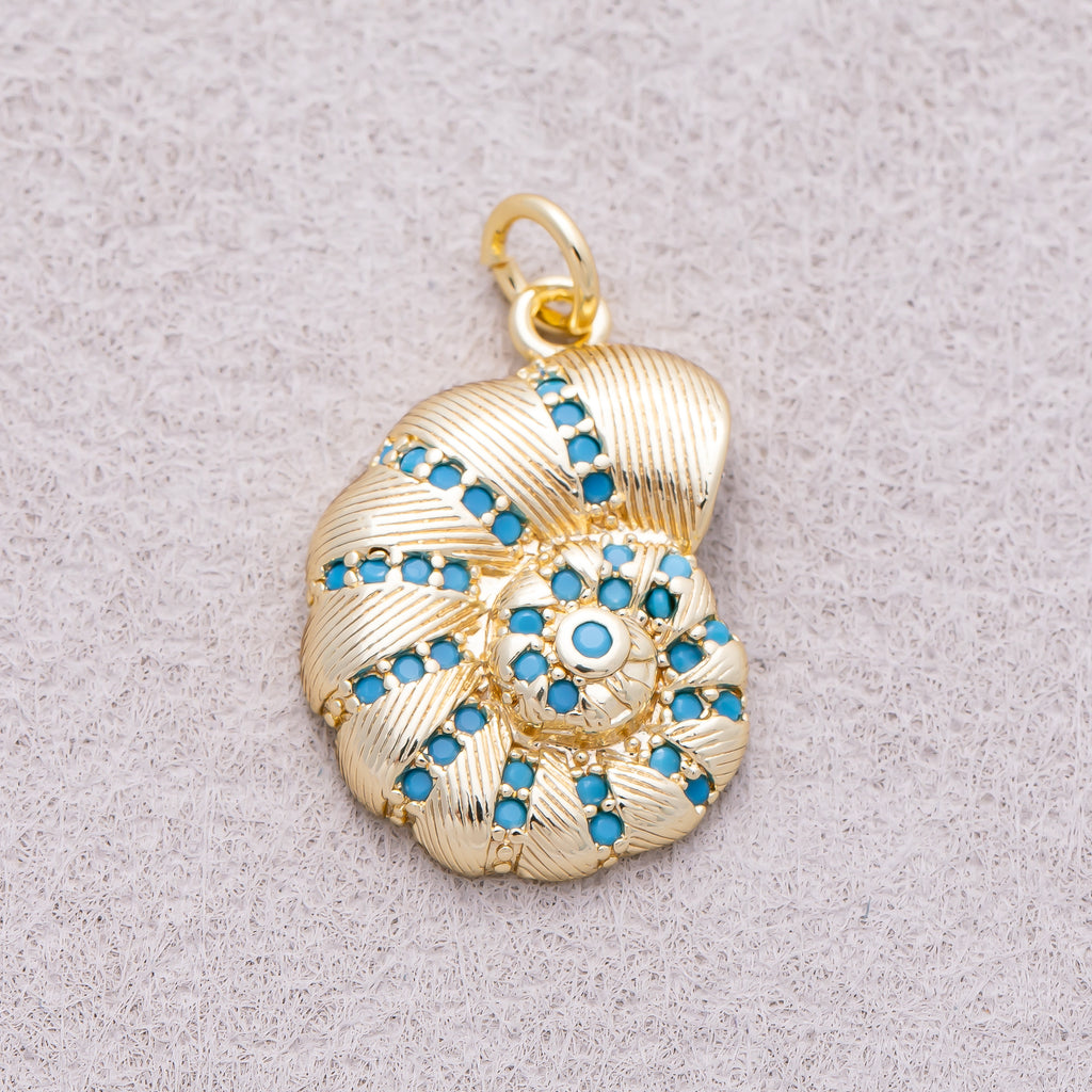 16K Gold Plated Turquoise CZ Textured Nautilus Seashell Ocean Charm - Sold Each