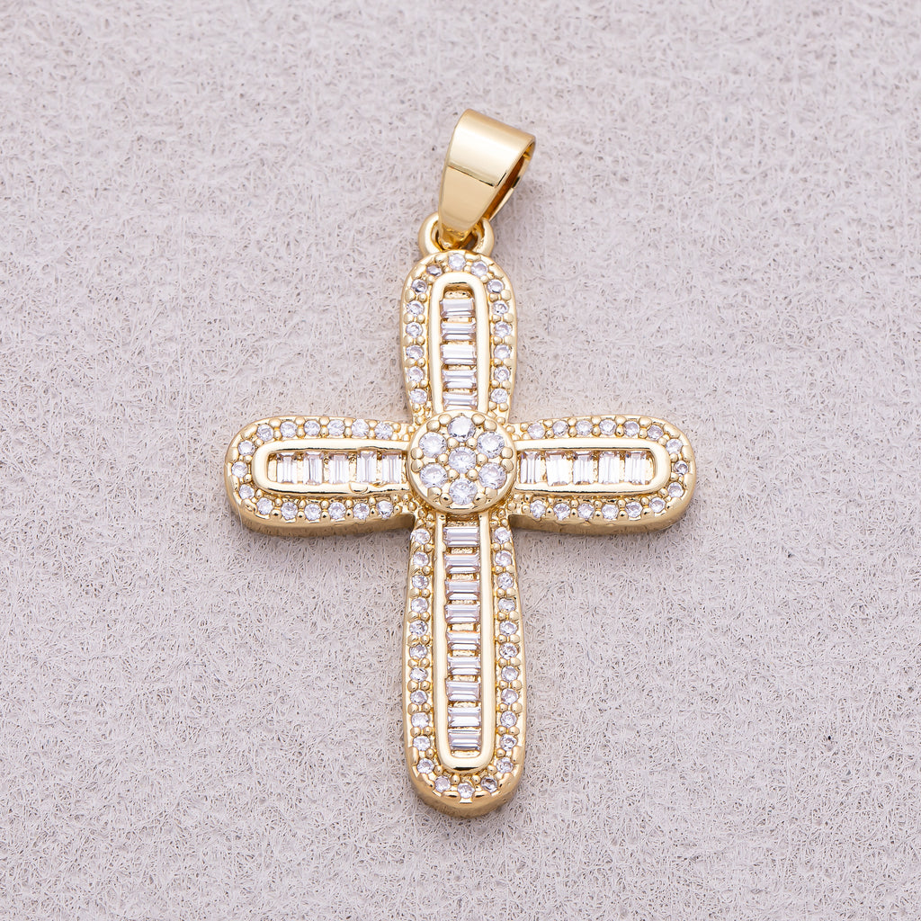 16K Gold Plated Baguette & Round Micro Paved CZ Cross Religious Pendant - Sold Each