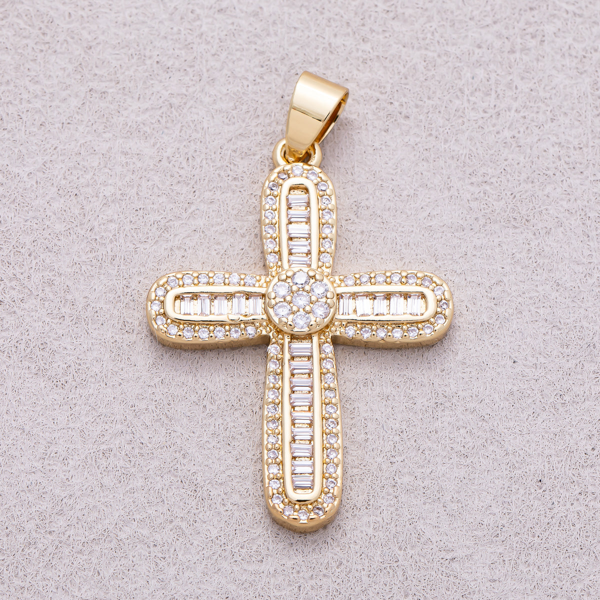 16K Gold Plated Baguette & Round Micro Paved CZ Cross Religious Pendant - Sold Each