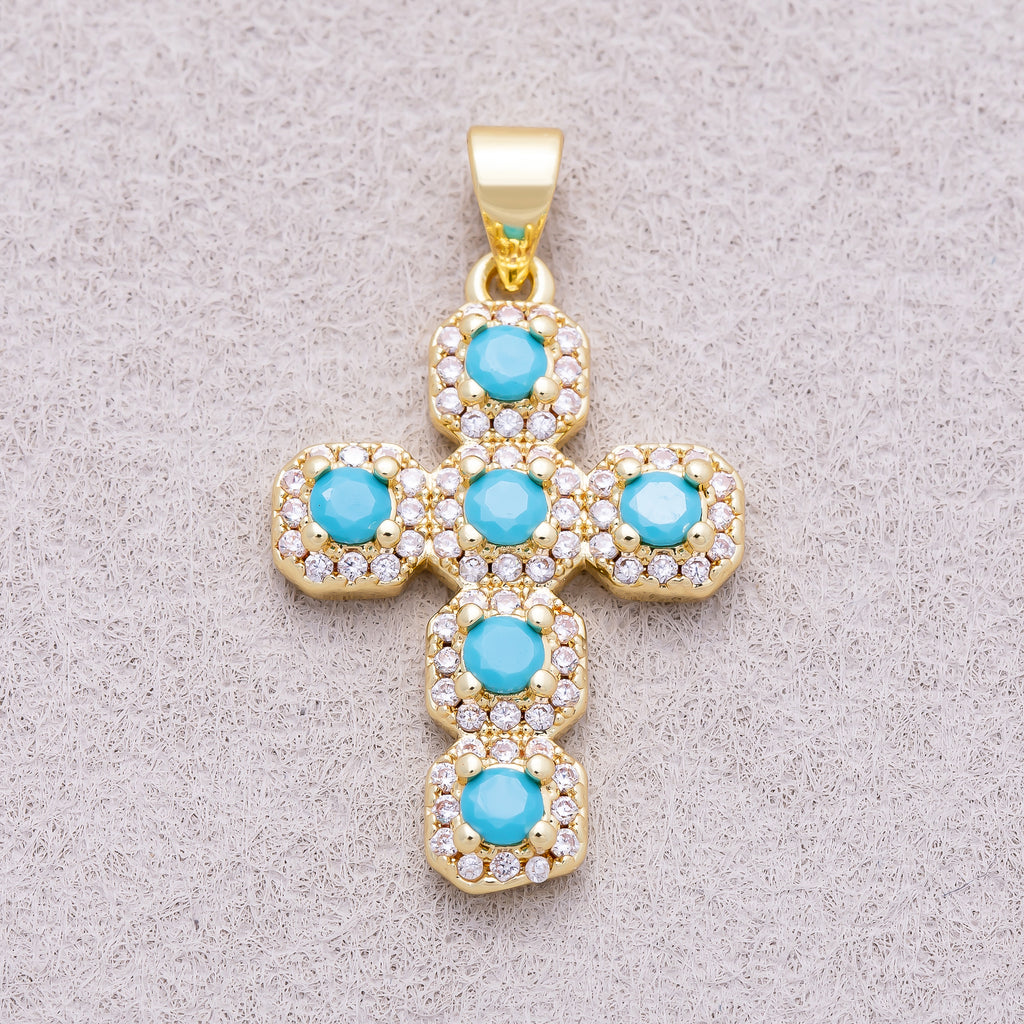 16K Gold Plated Round Turquoise Micro Paved CZ Statement Cross Religious Pendant - Sold Each