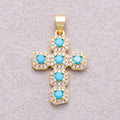 16K Gold Plated Round Turquoise Micro Paved CZ Statement Cross Religious Pendant - Sold Each