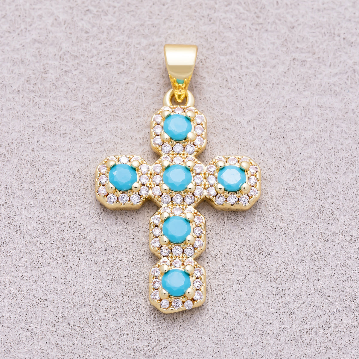 16K Gold Plated Round Turquoise Micro Paved CZ Statement Cross Religious Pendant - Sold Each
