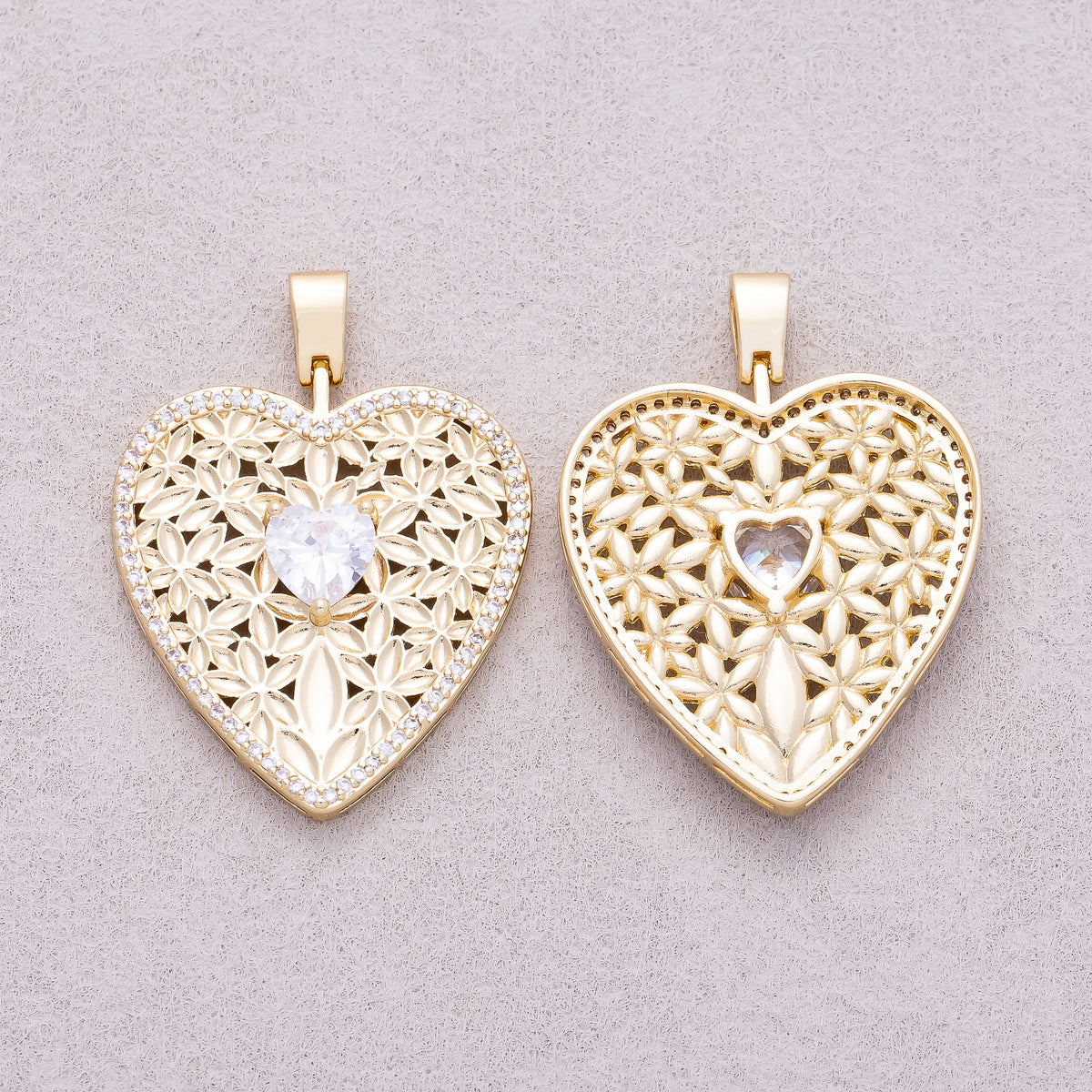 16K Gold Plated Heart CZ Filigree Flower Openwork Heart Pendant - Sold Each