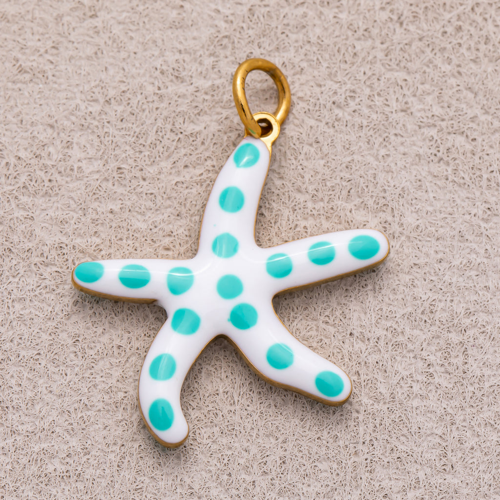 Gold PVD Stainless Steel Blue White Dotted Ocean Starfish 3D Multidimensional Charm