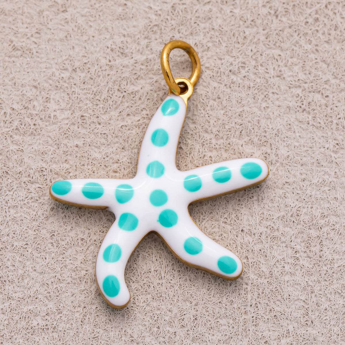 Gold PVD Stainless Steel Blue White Dotted Ocean Starfish 3D Multidimensional Charm