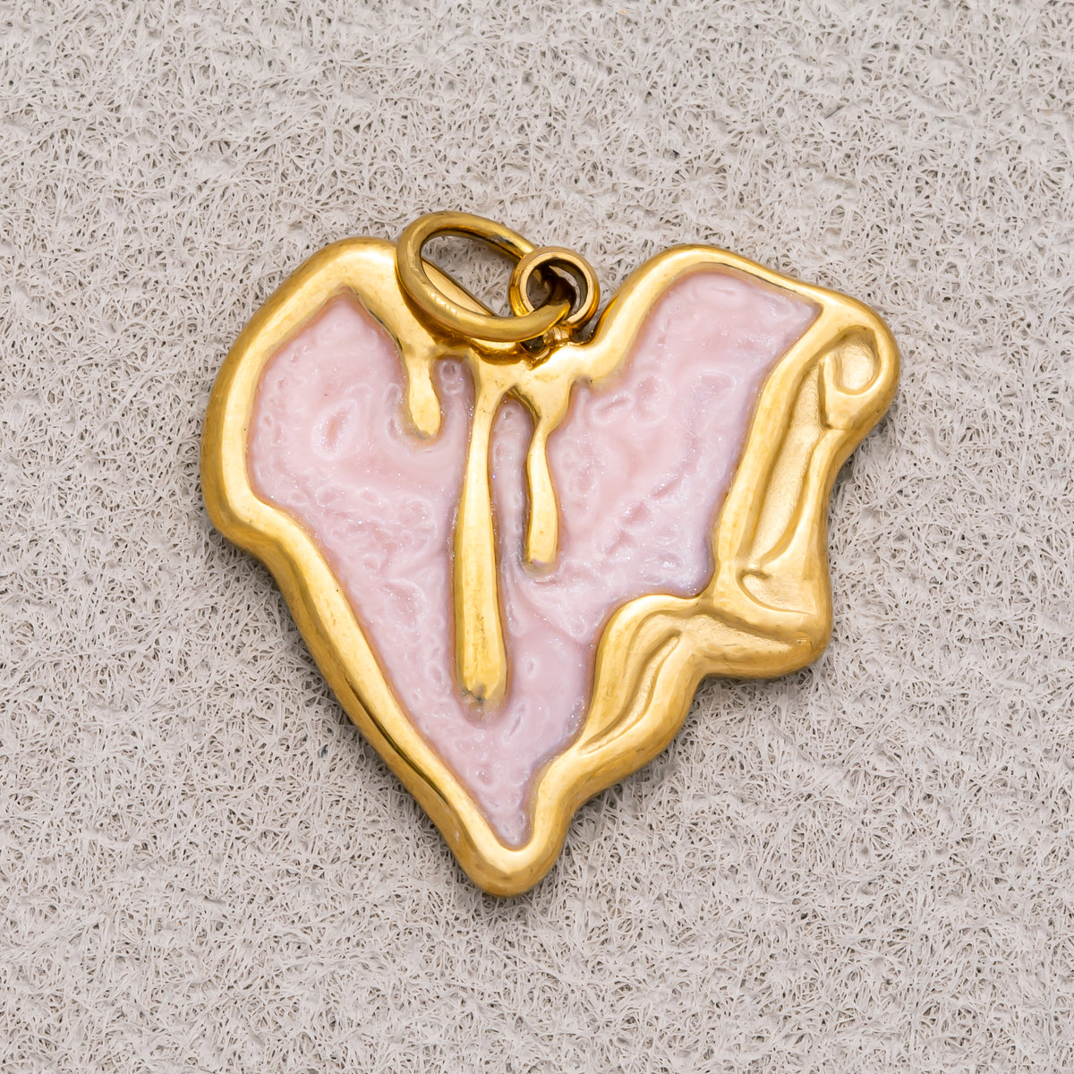 Gold PVD Stainless Steel Pink, White Molten Irregular Heart Enamel Charm