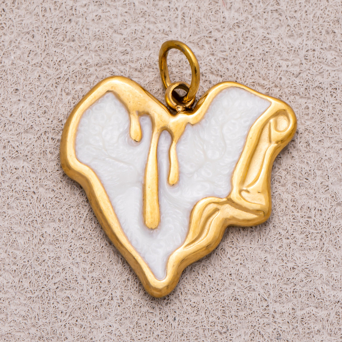 Gold PVD Stainless Steel Pink, White Molten Irregular Heart Enamel Charm