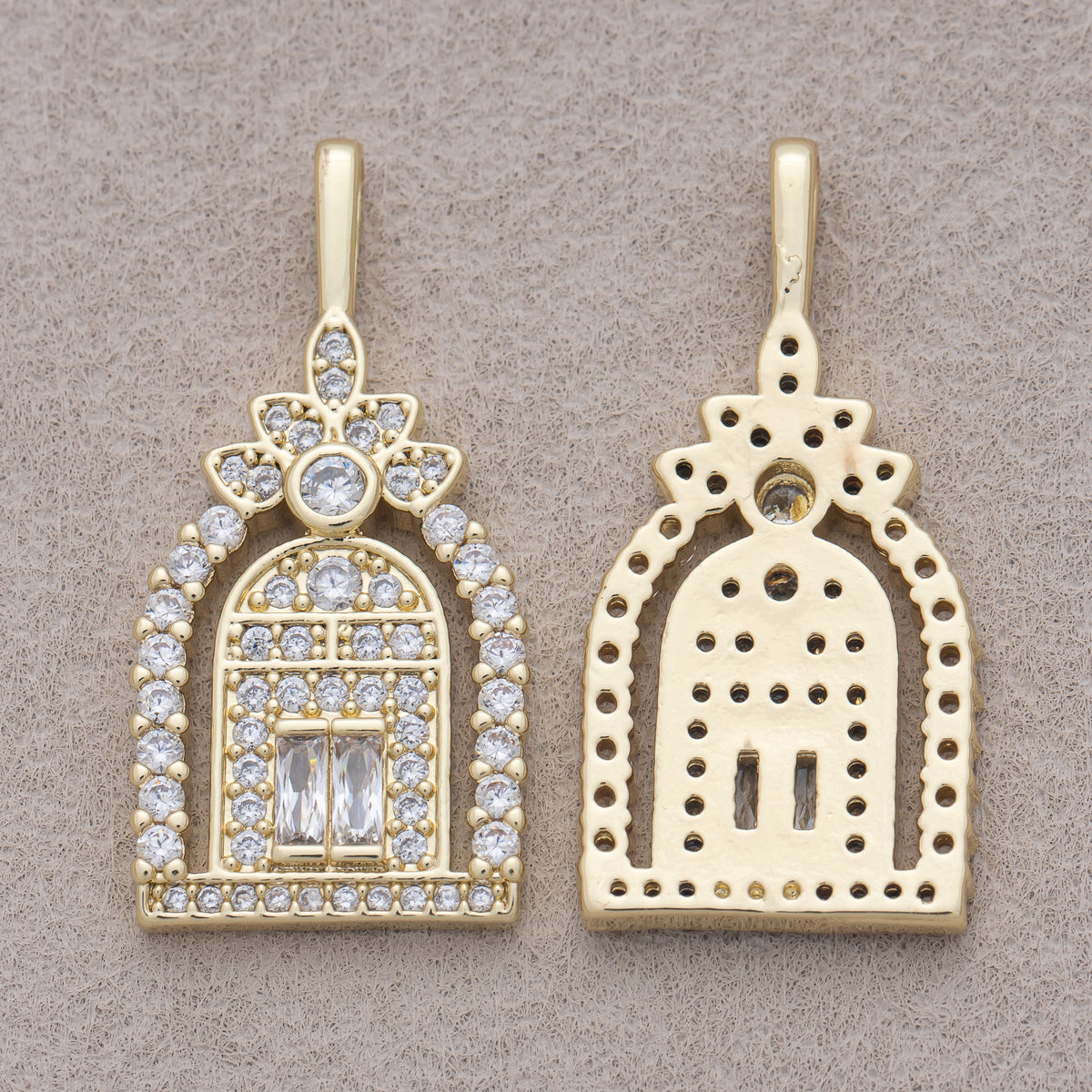 16K Gold Plated Clear Baguette Micro Paved CZ Flower Garden Gate Doorway Pendant - Sold Each