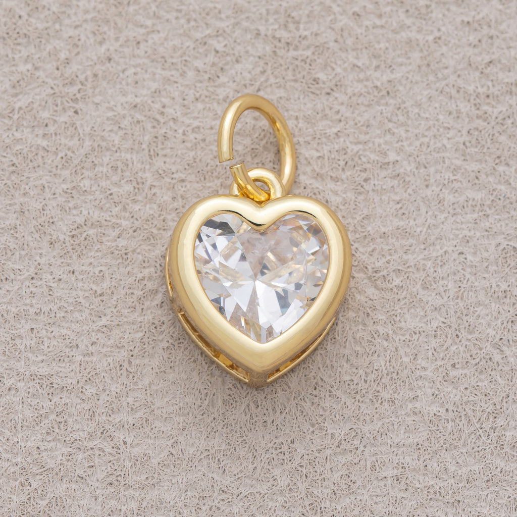 16K Gold Plated Clear CZ Minimalist Bezel Heart Charm - Sold Each