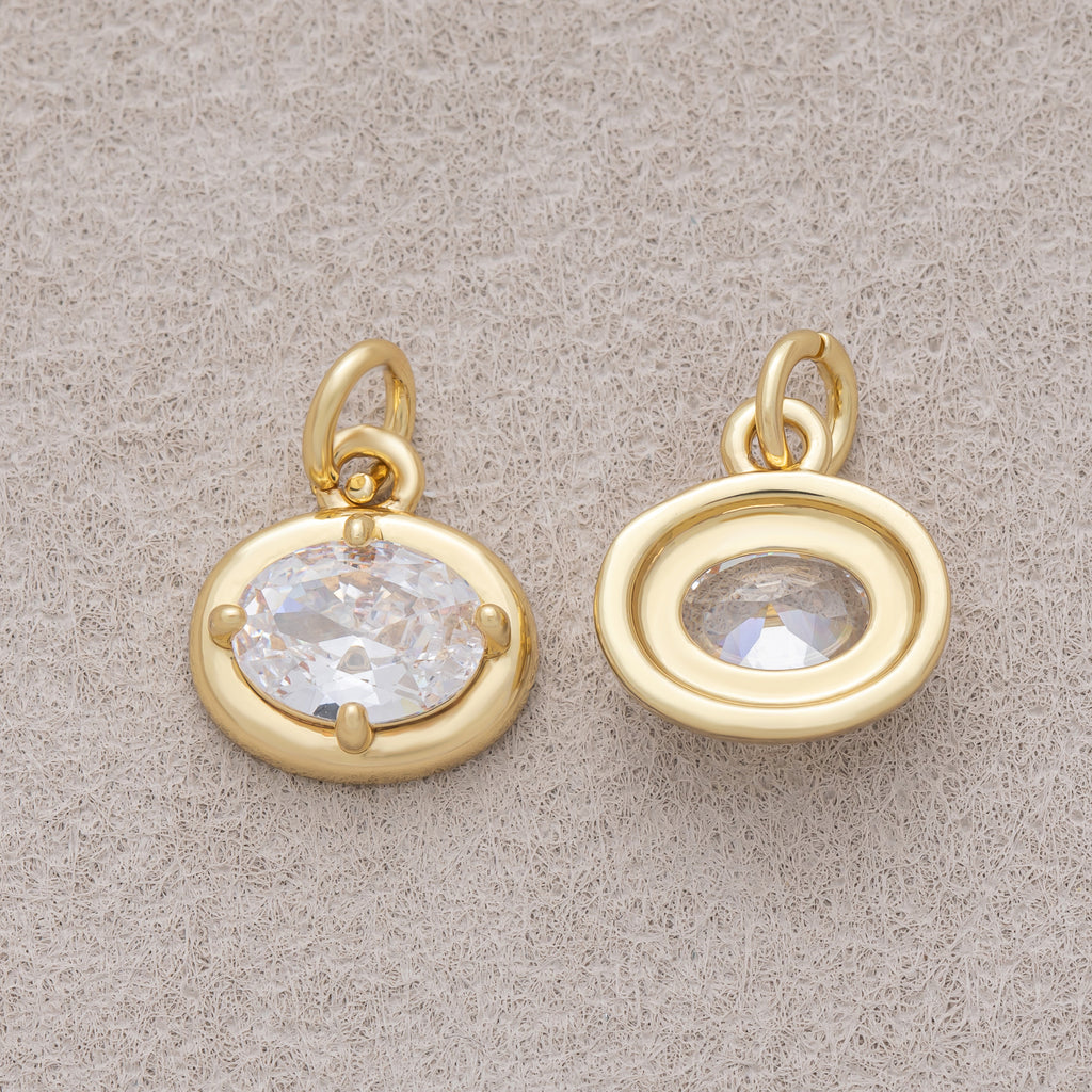 16K Gold Plated Clear CZ Minimalist Bezel Oval Charm - Sold Each