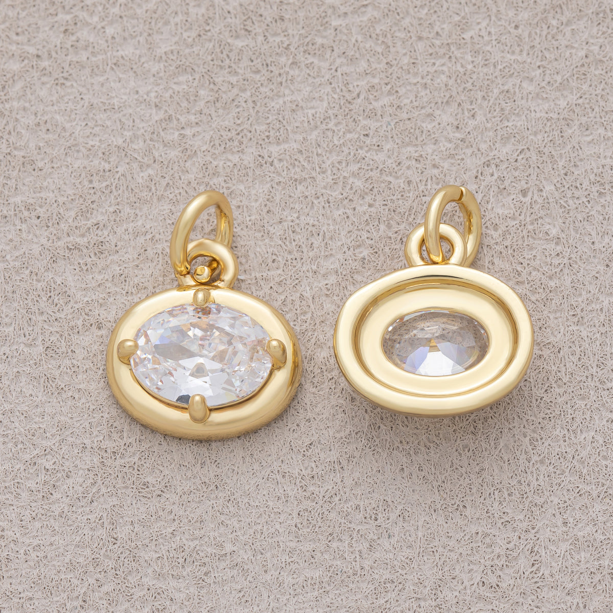 16K Gold Plated Clear CZ Minimalist Bezel Oval Charm - Sold Each