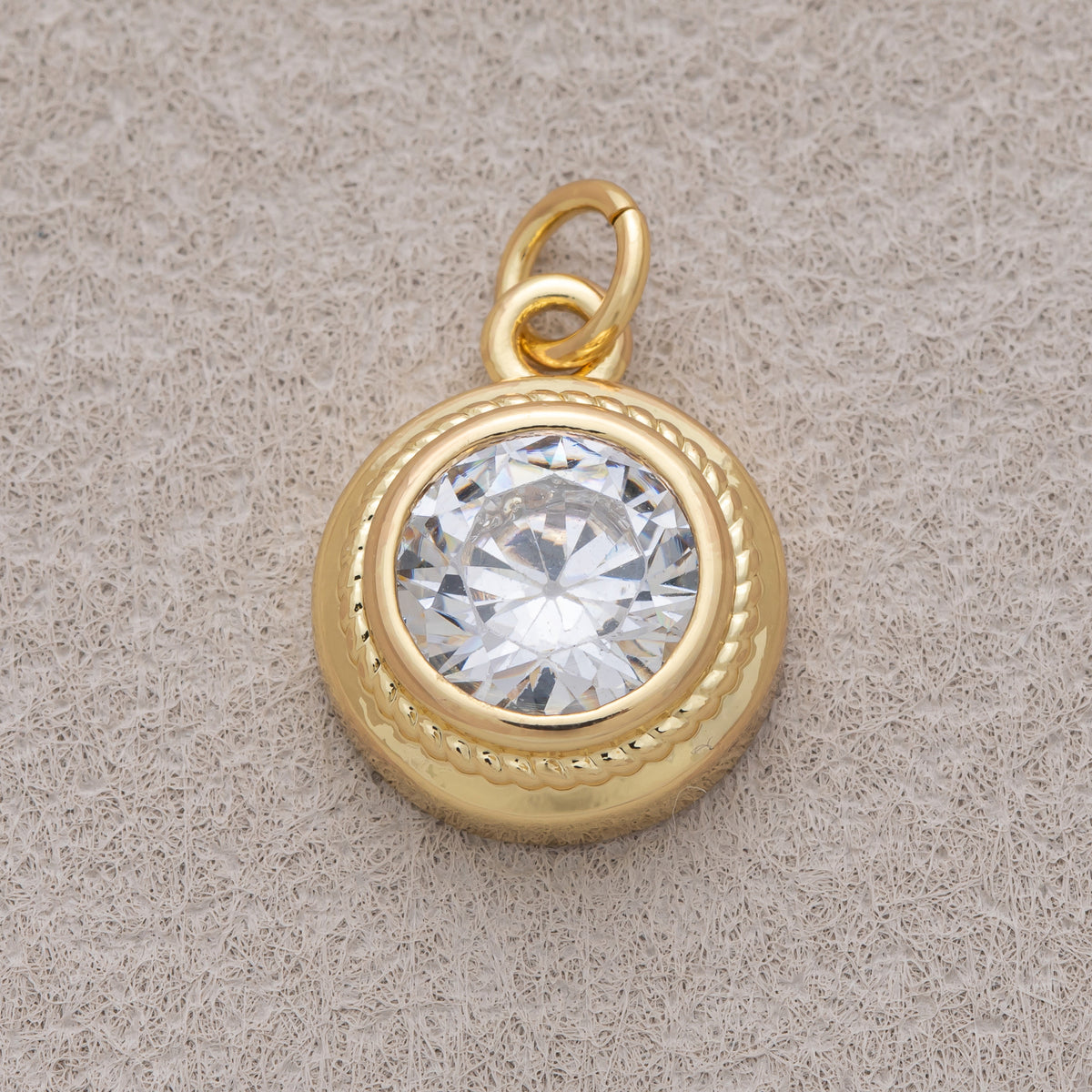 16K Gold Plated Clear CZ Minimalist Bezel Round Charm - Sold Each