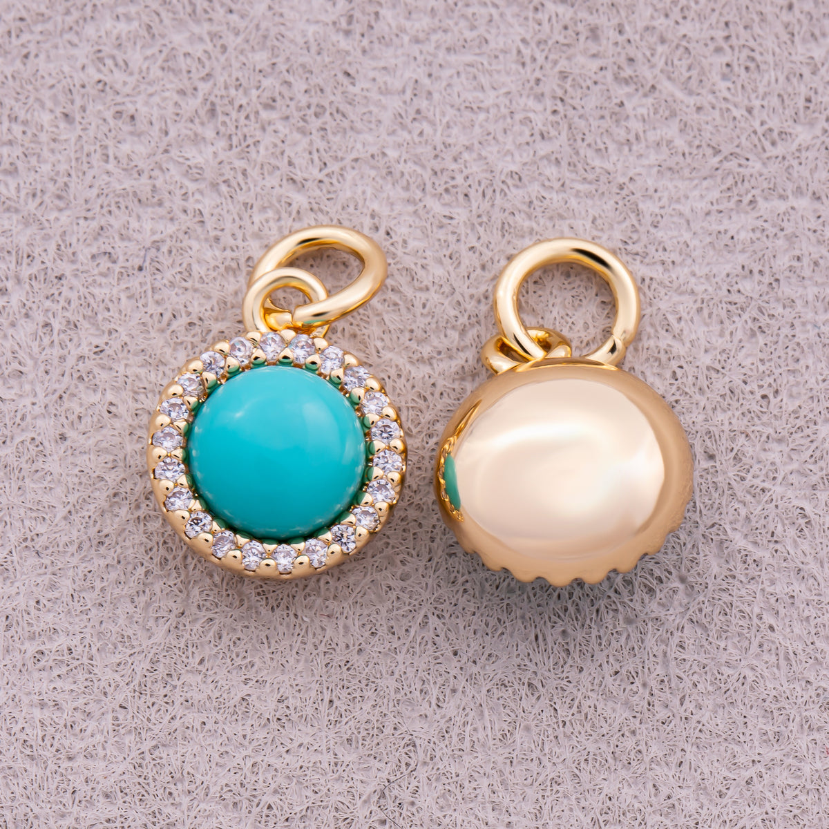 18K Gold Plated Micro Paved CZ Turquoise Natural Gemstone Mini Round Charm - Sold Each