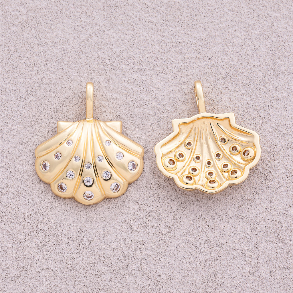 16K Gold Plated Micro Paved CZ Ocean Sea Shell Pendant - Sold Each