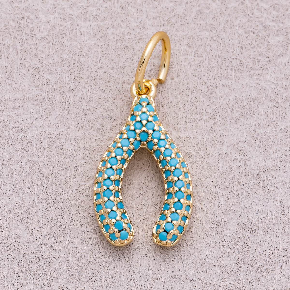 16K Gold Plated Turquoise and Clear Micro Paved CZ Wishbone Lucky Charm - Sold Each