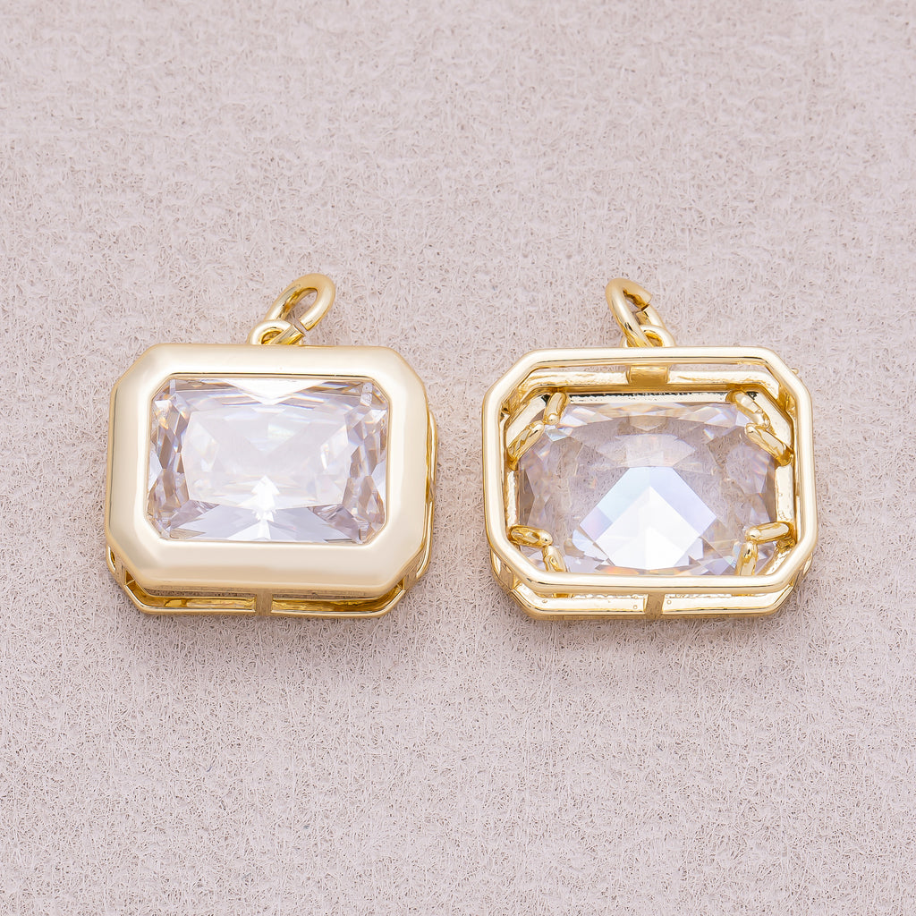 16K Gold Plated Solitaire Clear CZ Rectangular Bezel Charm - Sold Each