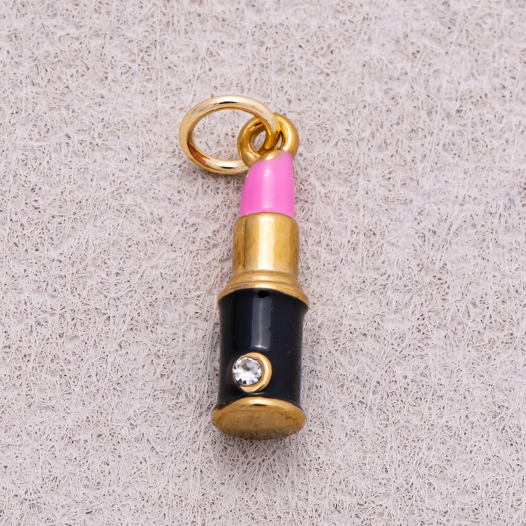 Gold PVD Stainless Steel Pink Lipstick Enamel Charm