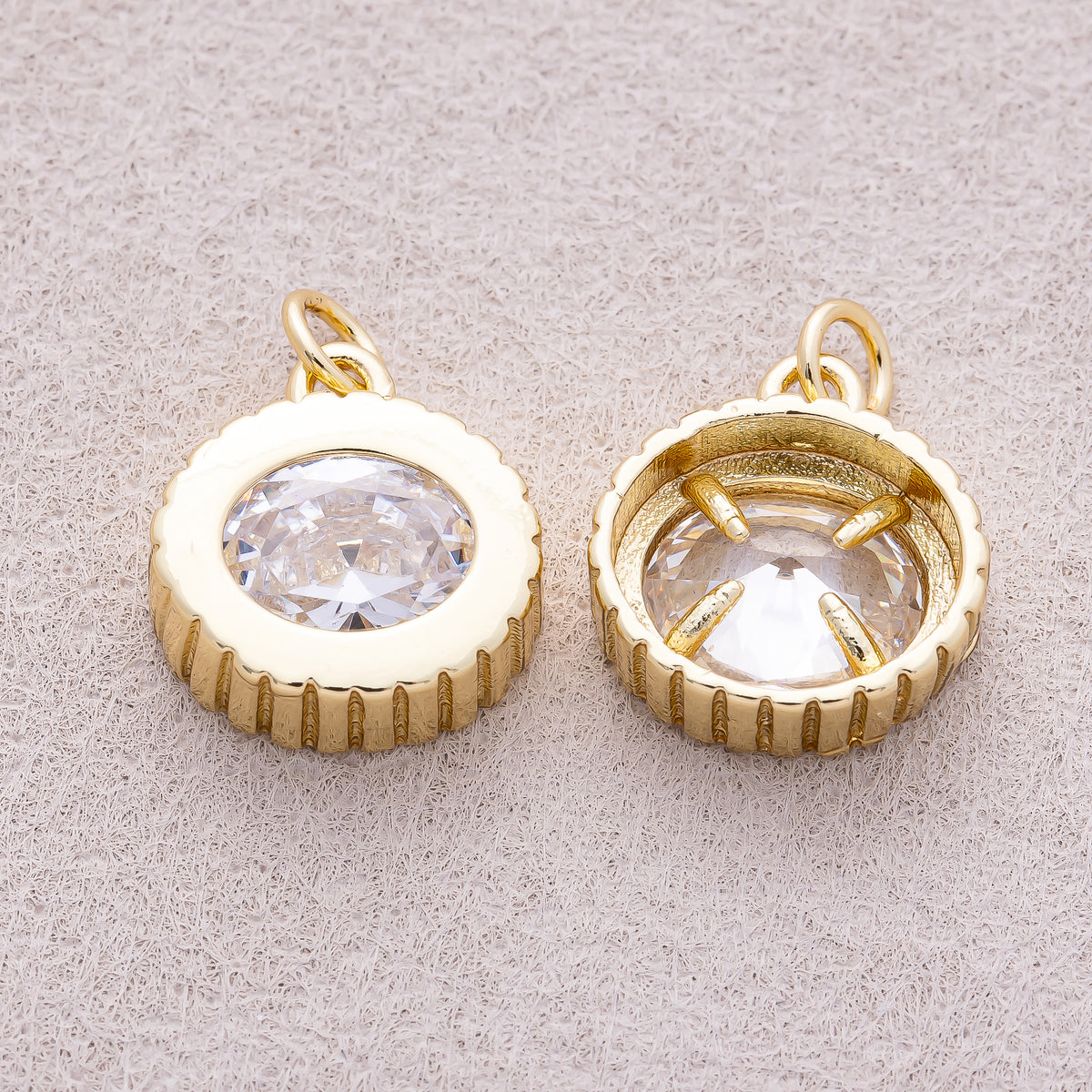 16K Gold Plated Clear CZ Round Solitaire Ribbed Charm - Sold Each