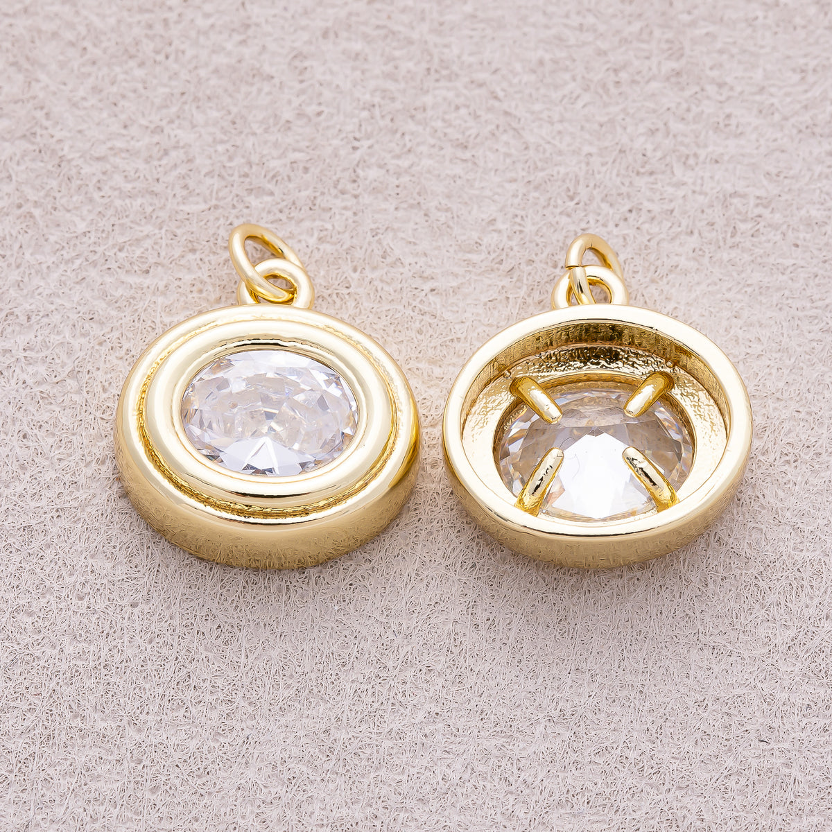 16K Gold Plated Clear CZ Round Solitaire Bezel Charm - Sold Each