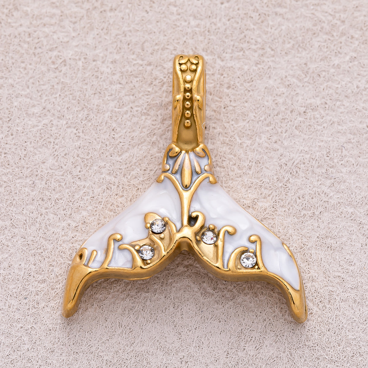 Gold PVD Stainless Steel Clear CZ Blue and White Mother of Pearl Mermaid Tail Fish Charm