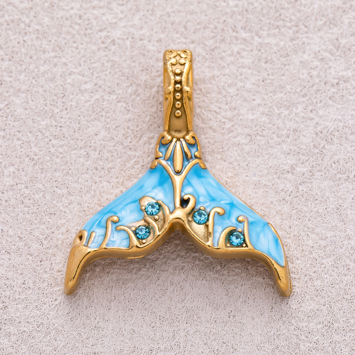 Gold PVD Stainless Steel Clear CZ Blue and White Mother of Pearl Mermaid Tail Fish Charm