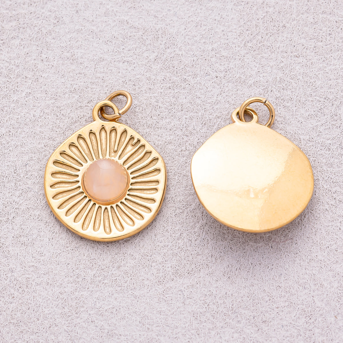 Gold PVD Stainless Steel Rose Quartz Cabochon Natural Gemstone Sunburst Medallion Charm