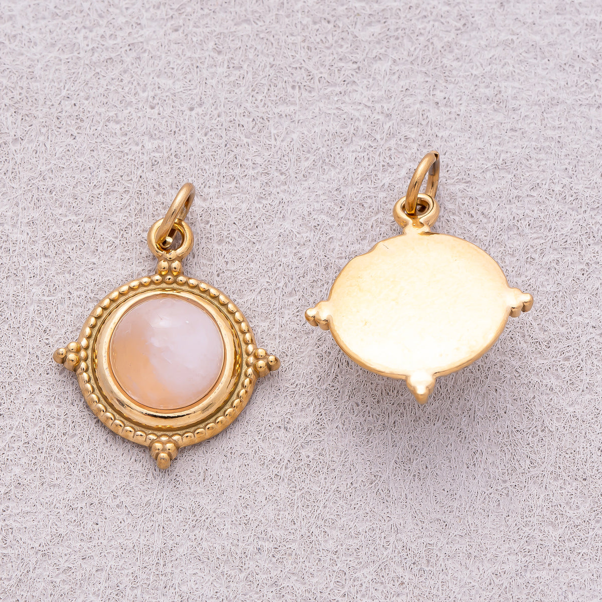 Gold PVD Stainless Steel Rose Quartz Cabochon Natural Gemstone Ribbed Medallion Charm