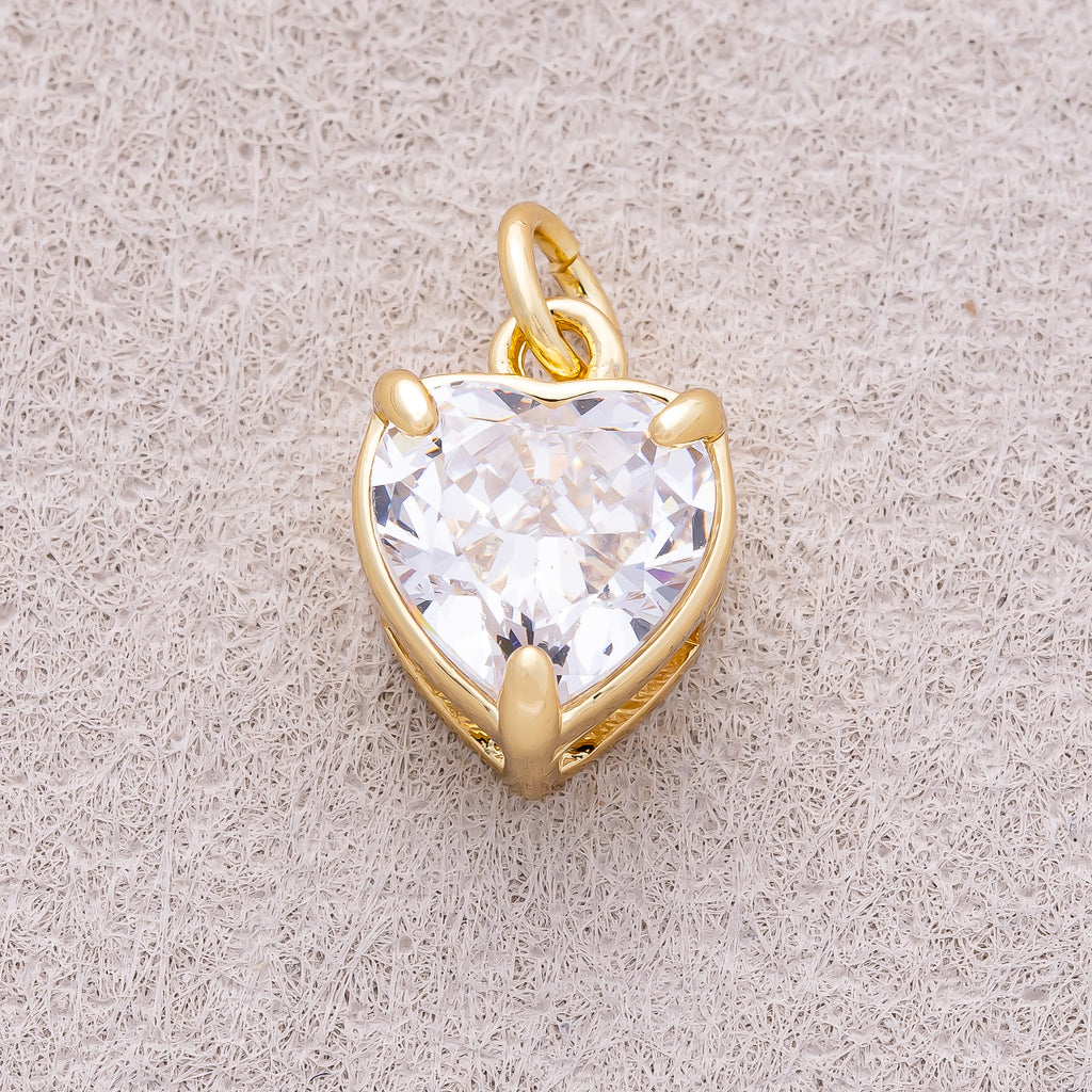 16K Gold Plated Clear CZ Love Heart Charm - Sold Each