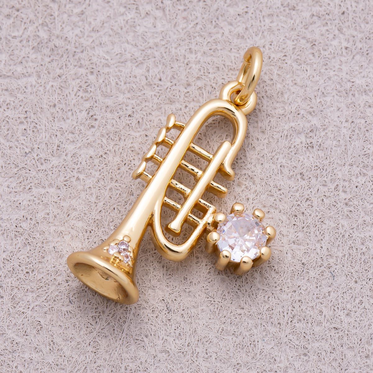 16K Gold Plated Clear CZ 3D Trumpet Musical Instrument Charm - Sold Each