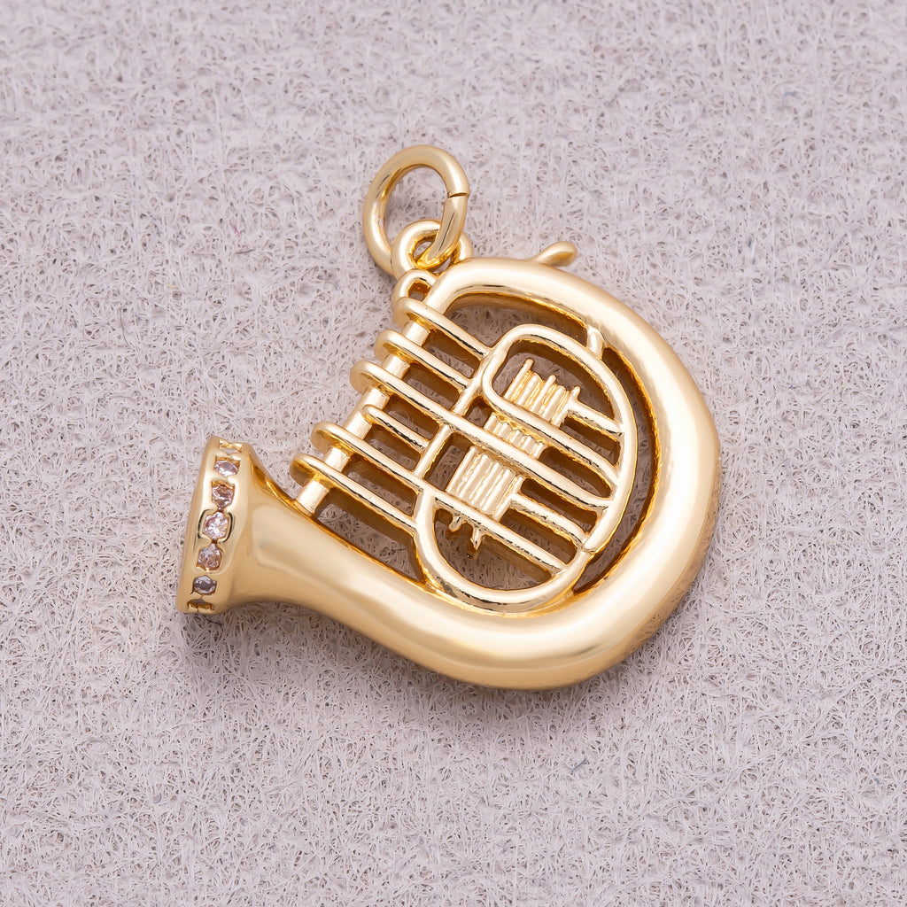 16K Gold Plated Clear CZ French Horn Musical Instrument Charm - Sold Each