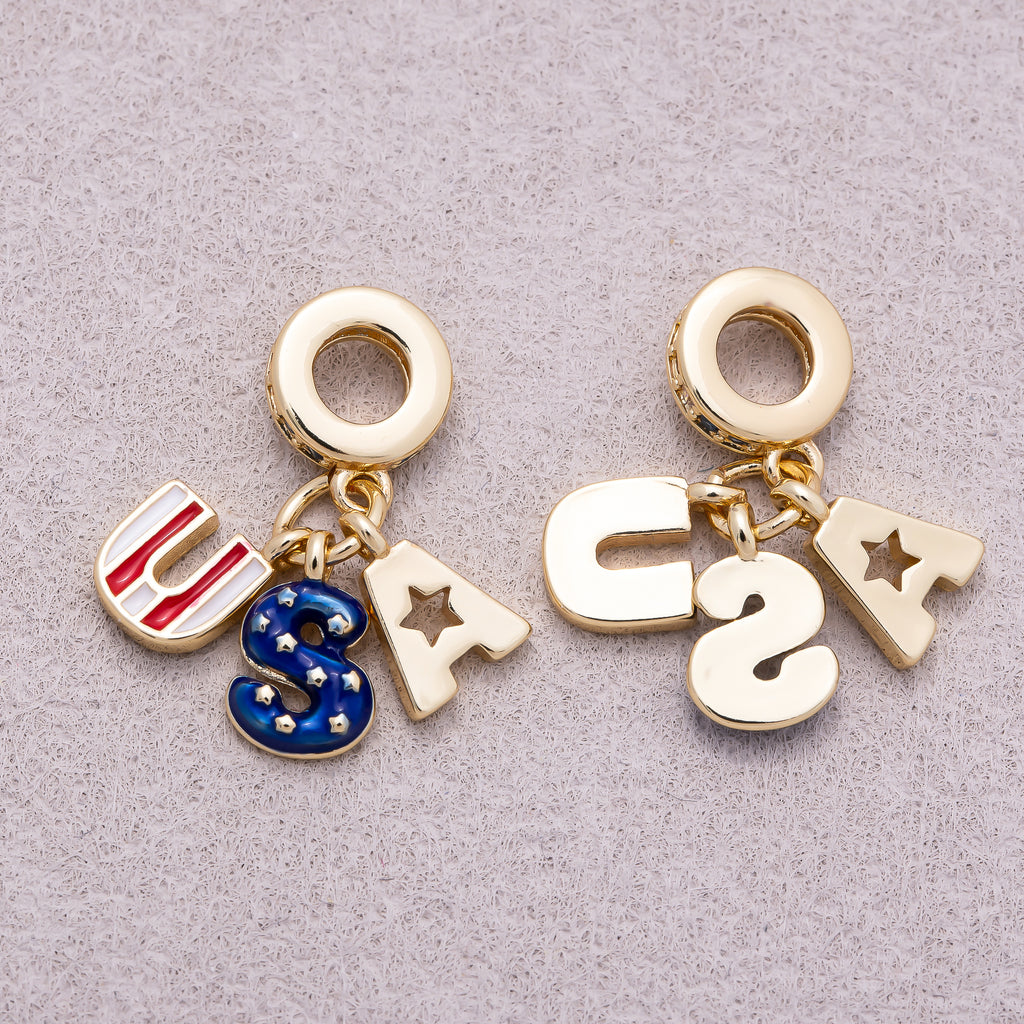 16K Gold Plated Clear CZ Letter USA Flag Enamel Pendant - Sold Each