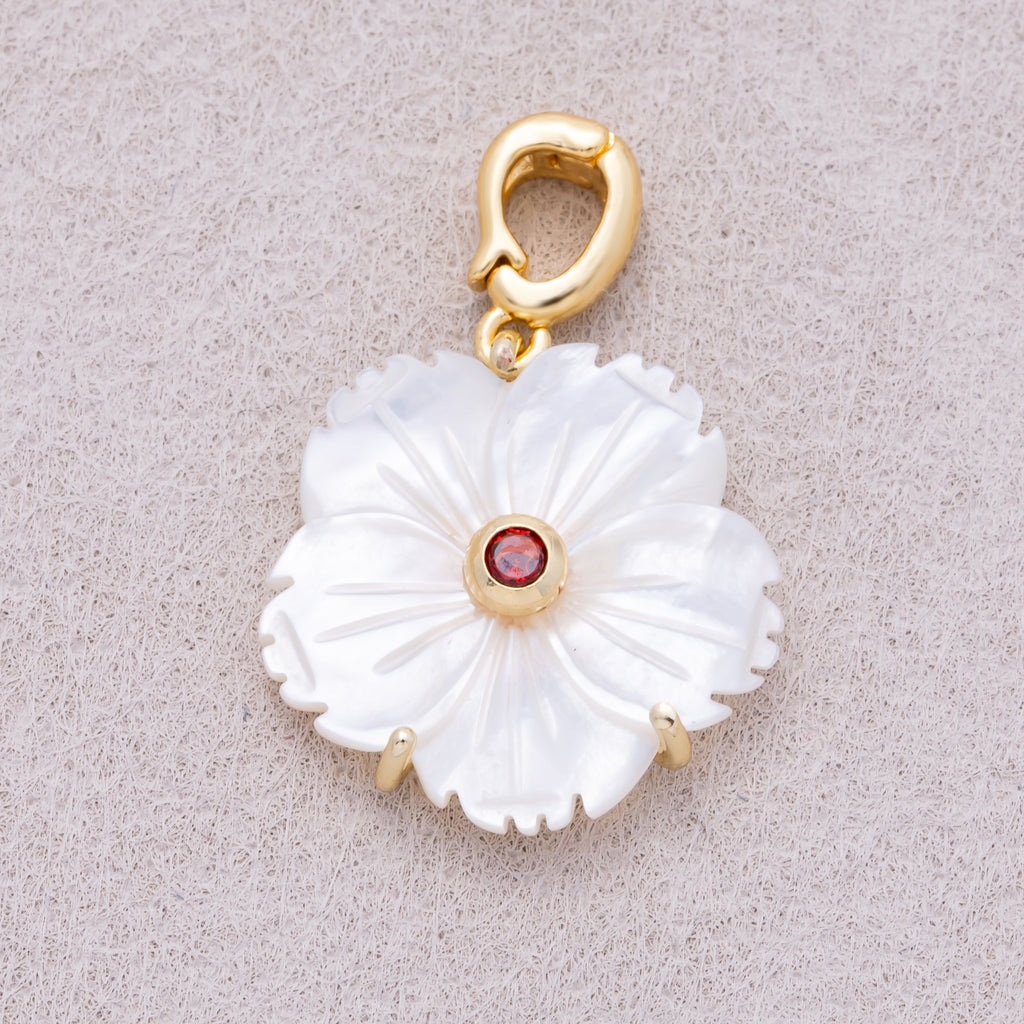 16K Gold Plated Mother of Pearl Blooming Flower Personal Birthstone Pendant - Sold Each