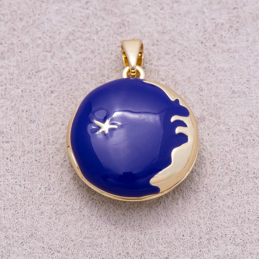 16K Gold Plated Blue Sapphire Starry Sky Round Open Locket Pendant - Sold Each