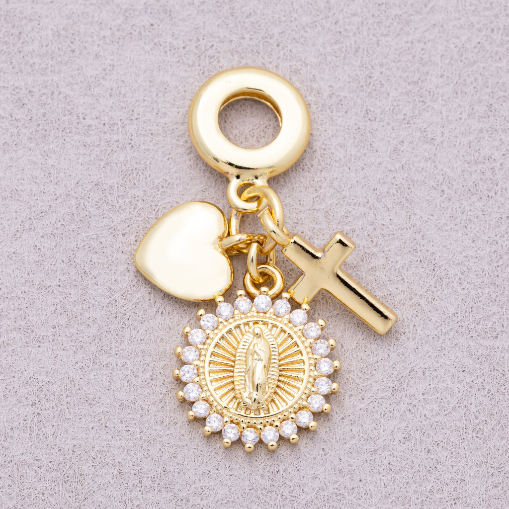 16K Gold Plated 33mm Micro Paved CZ Sunflower Virgin Mary Religious Chubby Heart Cross Rondelle Pendant